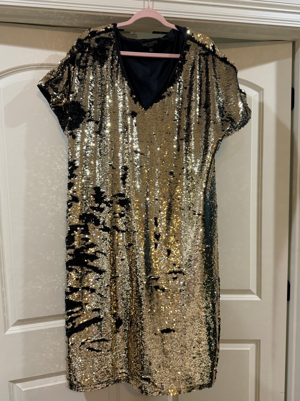 Sequin V-Neck Midi Dress in Gold and Black